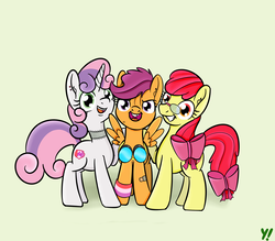Size: 4000x3500 | Tagged: safe, artist:yakoshi, apple bloom, scootaloo, sweetie belle, earth pony, pony, g4, cutie mark crusaders, glasses, goggles, older, simple background, smiling, teenager