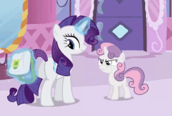 Size: 480x324 | Tagged: safe, screencap, rarity, sweetie belle, pony, unicorn, g4, ponyville confidential, angry, animated, bag, belle sisters, bipedal, butt, door, female, filly, frown, gif, glare, gritted teeth, horn, horn flick, levitation, looking back, magic, mare, mirror, mouth hold, plot, raised hoof, raised leg, raribuse, rearity, sad, saddle bag, sitting, telekinesis