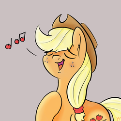 Size: 1280x1280 | Tagged: safe, artist:yakoshi, applejack, earth pony, pony, g4, apple, eyes closed, female, food, gray background, music notes, open mouth, simple background, singing, smiling, solo