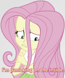 Size: 823x984 | Tagged: safe, screencap, fluttershy, equestria girls, equestria girls specials, g4, my little pony equestria girls: mirror magic, cropped, female, gray background, missing accessory, panicking, simple background, solo, subtitles