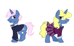 Size: 900x568 | Tagged: dead source, safe, artist:wubcakeva, oc, oc only, oc:azure, oc:sapphire, pony, clothes, commission, duo, female, male, mare, school uniform, simple background, smiling, stallion