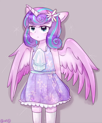 Size: 739x890 | Tagged: safe, artist:camilla_, princess flurry heart, human, g4, blushing, clothes, cute, dress, female, flower, flower in hair, flurrybetes, gray background, hands behind back, horn, horned humanization, humanized, lidded eyes, older, pixiv, simple background, solo, sparkles, spread wings, stockings, thigh highs, winged humanization, wings