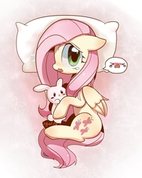 Size: 960x1200 | Tagged: safe, artist:camilla_, fluttershy, pony, rabbit, g4, female, pillow, pixiv, scared, solo