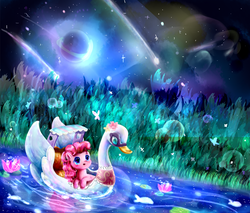 Size: 1176x1000 | Tagged: safe, artist:camilla_, pinkie pie, pony, g4, female, lilypad, pixiv, scenery, shooting star, solo, swan boat, water