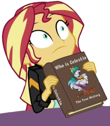 Size: 649x743 | Tagged: safe, artist:andy price, edit, idw, princess celestia, sunset shimmer, alicorn, pony, equestria girls, equestria girls specials, friends forever #38, g4, my little pony equestria girls: mirror magic, my little pony: friends forever, spoiler:comic, book, female, funny, parody, simple background, solo, transparent background, vector