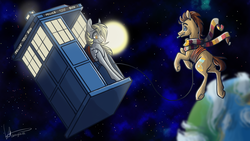 Size: 1920x1080 | Tagged: safe, artist:ebonytails, derpy hooves, doctor whooves, time turner, earth pony, pegasus, pony, g4, clothes, doctor who, duo, earth, equus, fourth doctor's scarf, mouth hold, planet, scarf, sonic screwdriver, space, stars, striped scarf, sun, tardis, the doctor