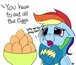 Size: 1280x1104 | Tagged: safe, artist:pabbley, rainbow dash, pony, g4, clothes, cool hand luke, crying, dialogue, egg, female, floppy ears, meme, movie reference, offscreen character, open mouth, ponified meme, reference, simple background, solo, uniform, weird leg anatomy, white background, wonderbolts uniform, you have to eat all the eggs