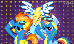 Size: 3321x1963 | Tagged: safe, artist:shutterflyeqd, rainbow dash, spitfire, pegasus, pony, g4, clothes, duo, female, goggles, mare, rainbow dash salutes, salute, show accurate, smiling, uniform, wonderbolts uniform