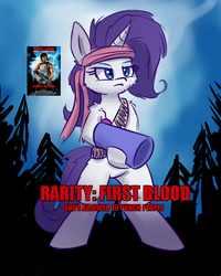 Size: 1200x1500 | Tagged: safe, artist:heir-of-rick, rarity, pony, g4, arm cannon, bipedal, female, gun, movie poster, parody, rambo, solo, sylvester stallone, weapon