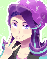 Size: 800x1000 | Tagged: safe, artist:zoruanna, starlight glimmer, human, equestria girls, equestria girls specials, g4, mirror magic, beanie, clothes, colored pupils, female, hat, human coloration, humanized, looking at you, simple background, smiling, solo