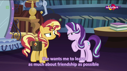 Size: 1136x640 | Tagged: safe, screencap, starlight glimmer, sunset shimmer, pony, unicorn, equestria girls, equestria girls specials, g4, my little pony equestria girls: mirror magic, raised eyebrow, subtitles, teletoon, twilight's castle