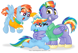 Size: 1600x1095 | Tagged: safe, artist:aleximusprime, bow hothoof, rainbow dash, windy whistles, pegasus, pony, g4, backwards cutie mark, clothes, cute, dashabetes, family, female, flying, male, mare, rainbow dash's parents, simple background, smiling, stallion, transparent background, trio