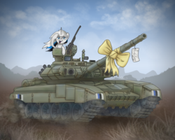 Size: 4000x3200 | Tagged: safe, artist:helmie-art, oc, oc only, oc:rocky harmony, pony, unicorn, 2017, description in comments, female, gift art, gun, mare, open mouth, smiling, solo, t-90, tank (vehicle), weapon