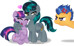 Size: 1280x791 | Tagged: safe, artist:aleximusprime, flash sentry, twilight sparkle, oc, oc:blackgryph0n, alicorn, pegasus, pony, g4, canon x oc, cross-popping veins, cute, exploitable meme, eyes closed, female, flash sentry is not amused, heart, hug, jealous, male, mare, meme, ponysona, simple background, smug, stallion, straight, transparent background, twiabetes, twilight sparkle (alicorn), unamused, waifu thief, winghug