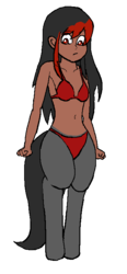 Size: 346x746 | Tagged: artist needed, source needed, safe, oc, oc only, oc:annie, satyr, belly button, bikini, clenched fist, clothes, dark skin, female, looking at you, looking down, offspring, parent:king sombra, parent:queen umbra, simple background, solo, swimsuit, transparent background