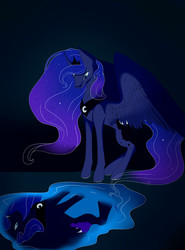 Size: 1857x2510 | Tagged: safe, artist:twigpony, nightmare moon, princess luna, alicorn, pony, g4, crown, curved horn, female, horn, jewelry, looking down, mare, reflection, regalia, slit pupils, solo