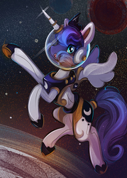 Size: 848x1187 | Tagged: safe, artist:cenit-v, princess luna, alicorn, pony, g4, astronaut, female, floating, planet, solo, space, space helmet, spacesuit, stars