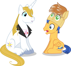 Size: 2271x2097 | Tagged: safe, artist:punzil504, feather bangs, flash sentry, prince blueblood, pegasus, pony, unicorn, g4, hard to say anything, awkward moment, clothes, duo, high res, male, shirt, simple background, stallion, transparent background, vector, vincent tong, voice actor joke
