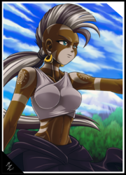Size: 1600x2222 | Tagged: safe, artist:mauroz, zecora, human, g4, belly button, breasts, cloak, clothes, dark skin, ear piercing, earring, female, humanized, jewelry, midriff, piercing, serious, serious face, solo