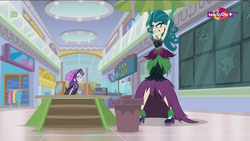 Size: 1920x1080 | Tagged: safe, screencap, juniper montage, starlight glimmer, equestria girls, equestria girls specials, g4, my little pony equestria girls: mirror magic, angry, canterlot mall, destruction, giantess, juniper monstar, macro, teletoon