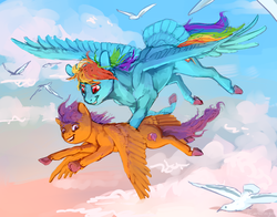 Size: 3000x2347 | Tagged: safe, artist:cuttledreams, rainbow dash, scootaloo, bird, pegasus, pony, g4, cloud, duo, female, filly, flying, high res, mare, scootalove, signature, sketch, sky, the cmc's cutie marks