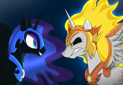 Size: 2964x2064 | Tagged: safe, artist:oinktweetstudios, daybreaker, nightmare moon, alicorn, pony, a royal problem, g4, high res