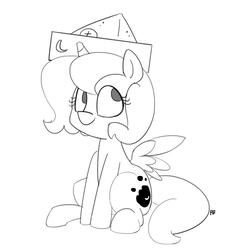 Size: 1280x1394 | Tagged: safe, artist:pabbley, princess luna, pony, moonstuck, g4, 30 minute art challenge, cartographer's cap, cute, female, filly, hat, monochrome, simple background, sitting, solo, white background, woona, younger
