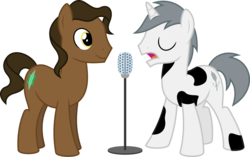 Size: 10181x6400 | Tagged: safe, artist:parclytaxel, oc, oc only, oc:eurobeat joe, oc:eurobeat ralph, earth pony, pony, unicorn, .svg available, absurd resolution, commission, duo, eyes closed, male, markings, microphone, simple background, singing, spots, stallion, transparent background, vector