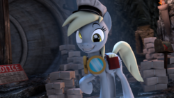 Size: 2560x1440 | Tagged: safe, artist:redaceofspades, derpy hooves, pony, g4, 3d, cavern, female, goggles, hat, mailbag, mailbox, mailmare, poster, raised hoof, sign, solo, source filmmaker, stack