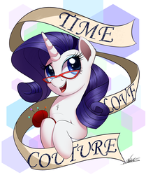 Size: 1500x1791 | Tagged: safe, artist:ncmares, rarity, pony, unicorn, g4, banner, commission, female, glasses, mare, needle, open mouth, pincushion, rules of rarity, signature, solo, text
