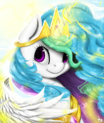 Size: 813x960 | Tagged: safe, artist:moondreamer16, princess celestia, alicorn, pony, g4, crown, cute, cutelestia, female, glowing horn, horn, jewelry, mare, regalia, smiling, solo