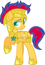Size: 600x860 | Tagged: safe, artist:t-aroutachiikun, oc, oc only, oc:rapid wildfire, pony, base used, male, offspring, parent:flash sentry, parent:sunset shimmer, parents:flashimmer, raised hoof, royal guard, simple background, solo, stallion, transparent background, watermark