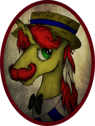 Size: 1859x2456 | Tagged: safe, artist:ancientowl, flam, pony, unicorn, g4, bust, facial hair, hat, looking at you, male, moustache, portrait, solo, stallion, traditional art