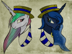 Size: 1024x771 | Tagged: safe, artist:ancientowl, princess celestia, princess luna, alicorn, pony, g4, bust, duo, facial hair, female, hat, looking at each other, mare, moustache, portrait, royal sisters