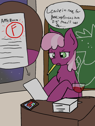 Size: 768x1024 | Tagged: safe, artist:nootaz, big macintosh, cheerilee, earth pony, pony, g4, hard to say anything, 30 minute art challenge, abuse of power, alcohol, bad teacher, bedroom eyes, biased, chalkboard, dialogue, drunk, f, female, grammar error, homework, implied apple bloom, implied sugar belle, implied sugarmac, incel, jealous, mouth hold, pencil, petty revenge, rejected, revenge, solo, speech bubble, talking, talking to viewer, this will end in lawsuits, this will end in pain, this will end in tears, this will end in unemployment, this will not end well, thought bubble, wine