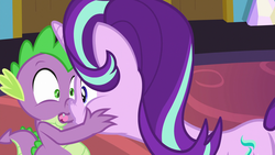 Size: 1920x1080 | Tagged: safe, screencap, spike, starlight glimmer, dragon, pony, unicorn, celestial advice, g4, boop, eye contact, female, frown, looking at each other, mare, nose wrinkle, noseboop, now kiss, open mouth, squishy cheeks, tongue out, wide eyes