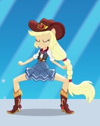 Size: 455x571 | Tagged: safe, screencap, applejack, equestria girls, equestria girls specials, g4, my little pony equestria girls: dance magic, boots, clothes, cropped, dancing, eyes closed, female, high heel boots, ponied up, shoes, skirt, solo