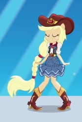 Size: 380x568 | Tagged: safe, screencap, applejack, equestria girls, equestria girls specials, g4, my little pony equestria girls: dance magic, boots, clothes, cropped, dancing, eyes closed, female, high heel boots, ponied up, shoes, skirt, solo