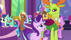 Size: 1920x1080 | Tagged: safe, screencap, amethyst star, berry punch, berryshine, bon bon, caramel, carrot top, cornicle, golden harvest, meadow song, sapphire joy, sparkler, starlight glimmer, sweetie drops, thorax, changedling, changeling, crystal pony, pony, celestial advice, g4, king thorax, twilight's castle