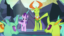 Size: 1920x1080 | Tagged: safe, screencap, clypeus, cornicle, lokiax, soupling, starlight glimmer, thorax, changedling, changeling, pony, celestial advice, g4, compromise, king thorax