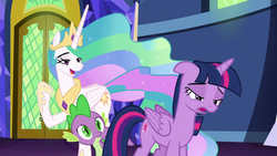 Size: 1920x1080 | Tagged: safe, screencap, princess celestia, spike, twilight sparkle, alicorn, dragon, pony, celestial advice, g4, ethereal mane, faic, female, great moments in animation, male, mare, mid-blink screencap, trio, twilight sparkle (alicorn), twilight's castle