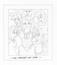 Size: 1280x1478 | Tagged: safe, artist:zacharyisaacs, applejack, fluttershy, pinkie pie, rainbow dash, rarity, twilight sparkle, alicorn, earth pony, pegasus, unicorn, anthro, g4, abs, bikini, bodybuilder, bodybuilding contest, breasts, busty fluttershy, clothes, coach rainbow dash, contest winner, crying, cutie mark, cutie mark underwear, female, hat, mane six, mare, medal, monochrome, muscles, muscleshy, photo, simple background, story included, swimsuit, thunder thighs, tongue out, tumblr comic, twilight sparkle (alicorn), white background, winner