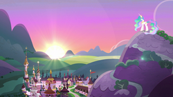 Size: 1920x1080 | Tagged: safe, screencap, princess celestia, alicorn, pony, celestial advice, g4, canterlot, canterlot castle, female, mare, scenery, scenery porn, solo, sun, sunset