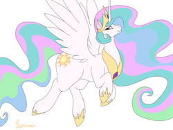Size: 1200x900 | Tagged: safe, artist:sunlover, princess celestia, alicorn, pony, g4, crown, doodle, female, large butt, looking back, mare, regalia, signature, simple background, smiling, solo, white background