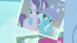 Size: 1920x1080 | Tagged: safe, screencap, starlight glimmer, trixie, pony, unicorn, celestial advice, g4, clothes, hat, looking at each other, photo, smiling, trixie's hat