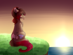 Size: 4000x3000 | Tagged: safe, artist:ohhoneybee, oc, oc only, oc:sarah, earth pony, pony, cliff, female, glasses, high res, mare, ocean, sitting, solo, sunset