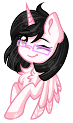 Size: 598x1002 | Tagged: safe, artist:sketchyhowl, oc, oc only, oc:bella heart, alicorn, pony, alicorn oc, bust, chest fluff, female, glasses, mare, one eye closed, simple background, solo, transparent background, wink
