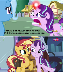 Size: 1256x1432 | Tagged: safe, edit, edited screencap, screencap, starlight glimmer, sunset shimmer, trixie, unicorn, all bottled up, equestria girls, equestria girls specials, g4, mirror magic, angry, friendzone, replaced, replacement, teletoon