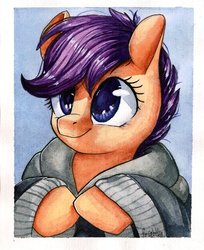 Size: 714x877 | Tagged: safe, artist:theorderofalisikus, scootaloo, pony, g4, bust, clothes, cute, cutealoo, female, hoodie, hooves to the chest, portrait, solo, traditional art