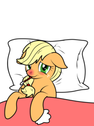 Size: 2048x2732 | Tagged: artist needed, safe, applejack, earth pony, pony, g4, blanket, blushing, cold, cute, female, fever, handkerchief, high res, pillow, red nosed, sick, simple background, solo, tissue, transparent background